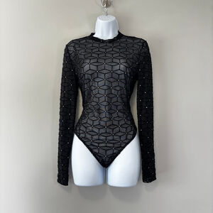 SHEIN Women's Medium Black & Silver Sparkle Long Sleeved Sheer Bodysuit NIB